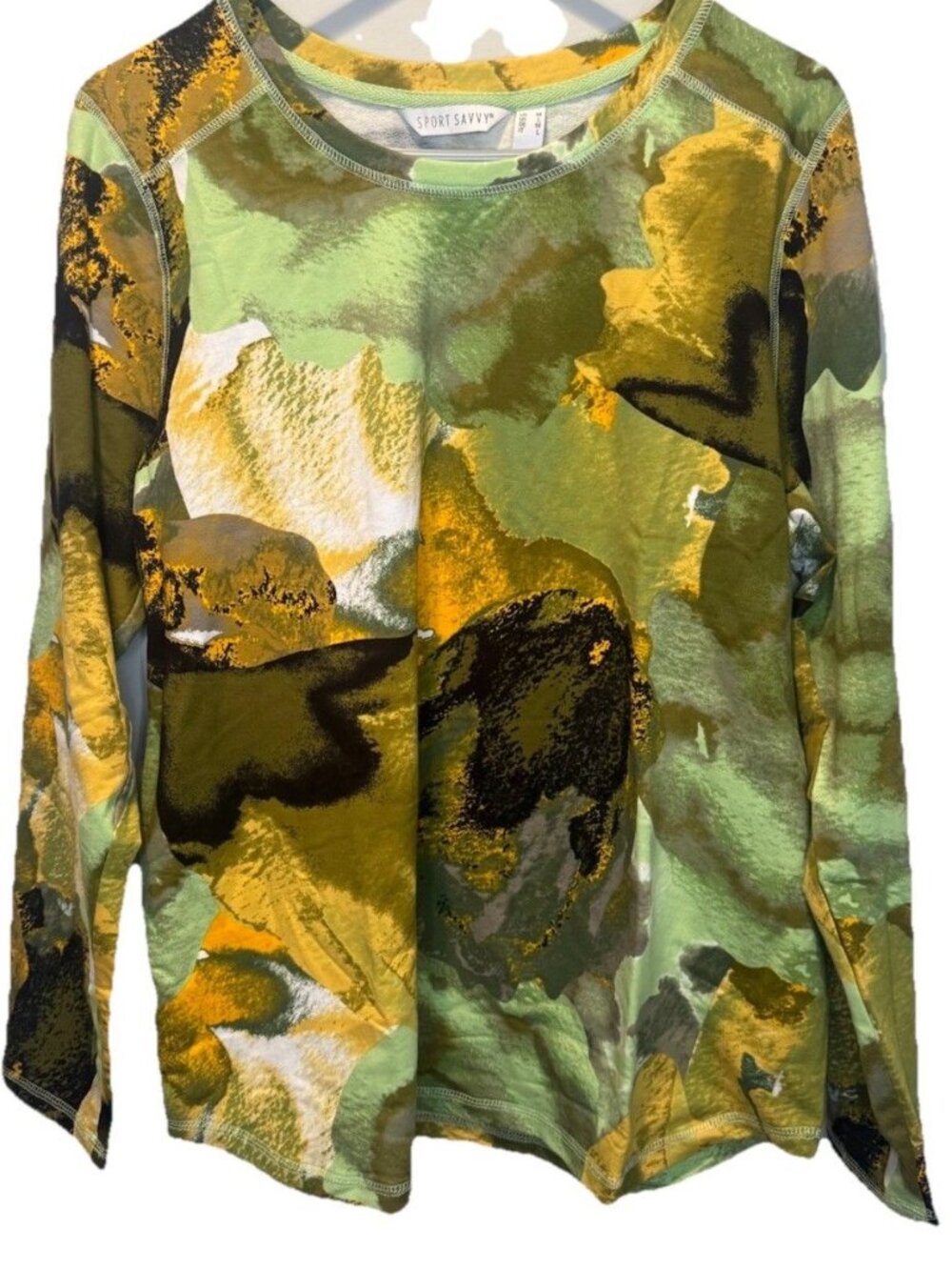 Sport Savvy Colorful Abstract French Terry Womens Crewneck Knit Top M NEW